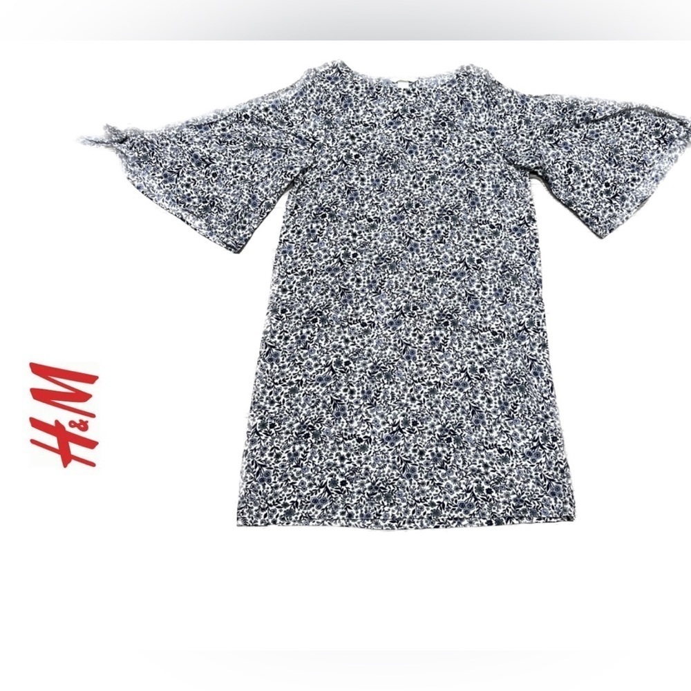 H&M Tie-Sleeve Floral-Print Navy Blue & white Shift dress